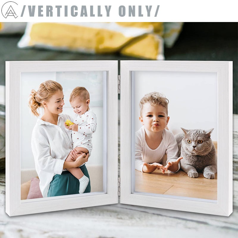 AEVETE 5x7 Double Picture Frames Hinged Wood Folding Picture Frames Vertically Display with Real Glass Front, White - Image 5